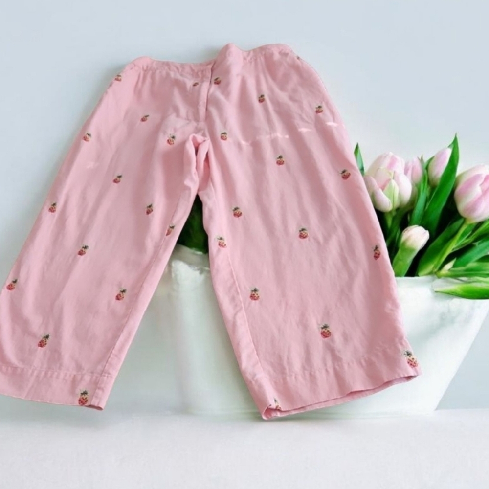 Sun Moda Capri Wear Pants Pink With Embrodiered Pinapples Size L